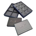 Luxury Dark Blue PU Leather and Gray Microfiber Lining Jewelry Tray Organizer Display for Necklaces Rings Earrings Bangles