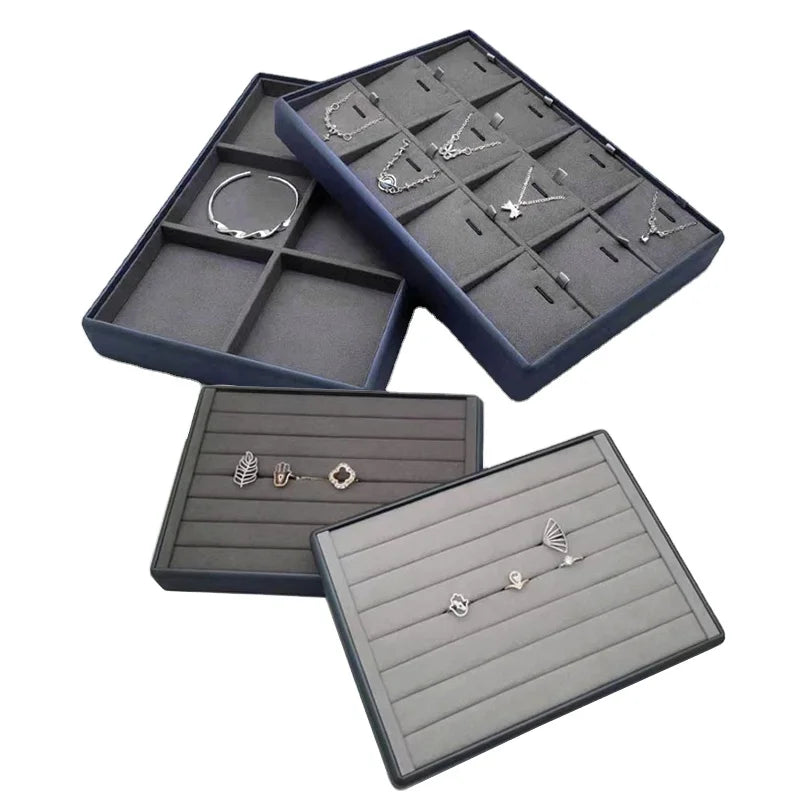 Luxury Dark Blue PU Leather and Gray Microfiber Lining Jewelry Tray Organizer Display for Necklaces Rings Earrings Bangles
