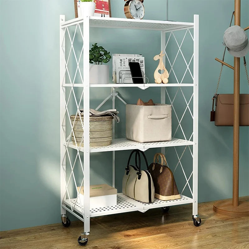 Wholesale Collapsible Portable Cart Kitchen Organizer Folding Shelf 4 Tier Foldable Rack Wheels Metal Powder Coated