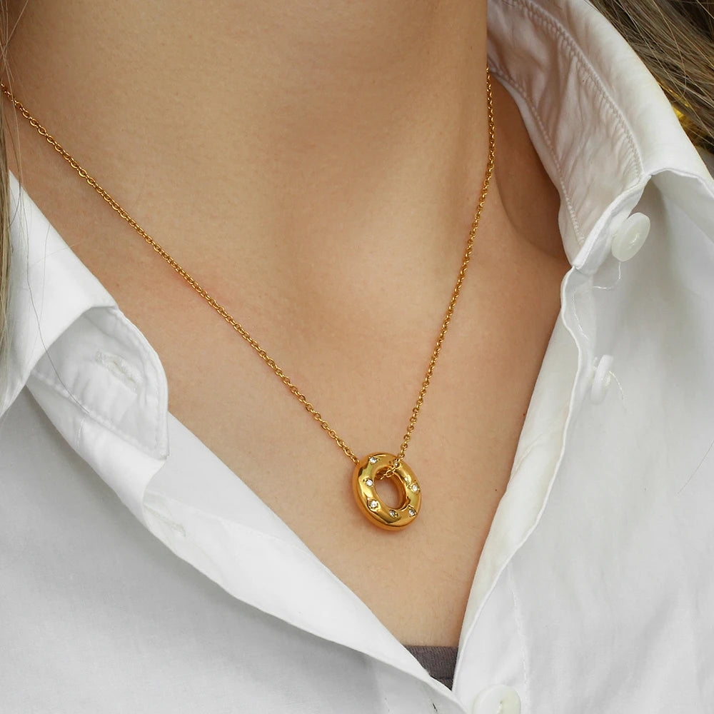 Stainless Steel Circle Pendant Necklace Simple 18K Gold Plated Earrings and Necklaces for Women