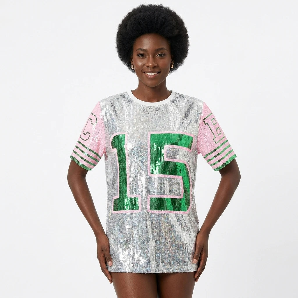 Number 15 Soccer Baseball Sequin Jersey Top Bling Casual Oversized Party Stage Performance Dance Hip Hop Sequin T-shirt Women