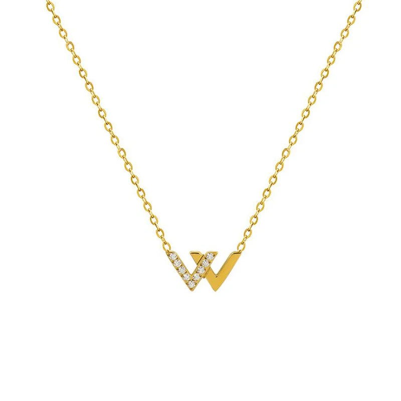 Fashionable Minimalist Initial Alphabet Gold Jewelry Necklace Women Stainless Steel Zircon Diamond Letter W Pendant Necklace