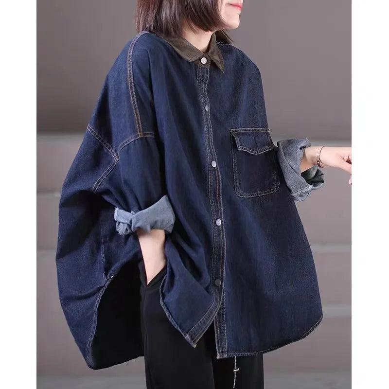 Boutique Wholesale 2026 Autumn New Retro Casual Lazy Style Loose Denim Patchwork Women's Shirts