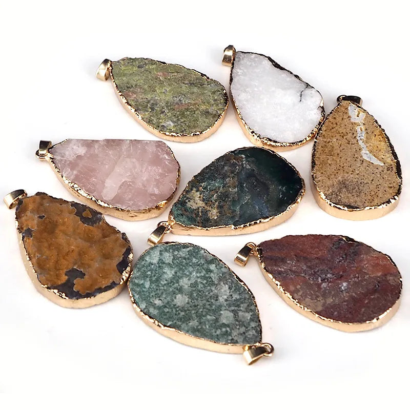 Huiying Hot Sale Good Irregular Water Drop Raw Stone Pendant Gold Plated Healing Crystal Pendant Jewelry jewelry
