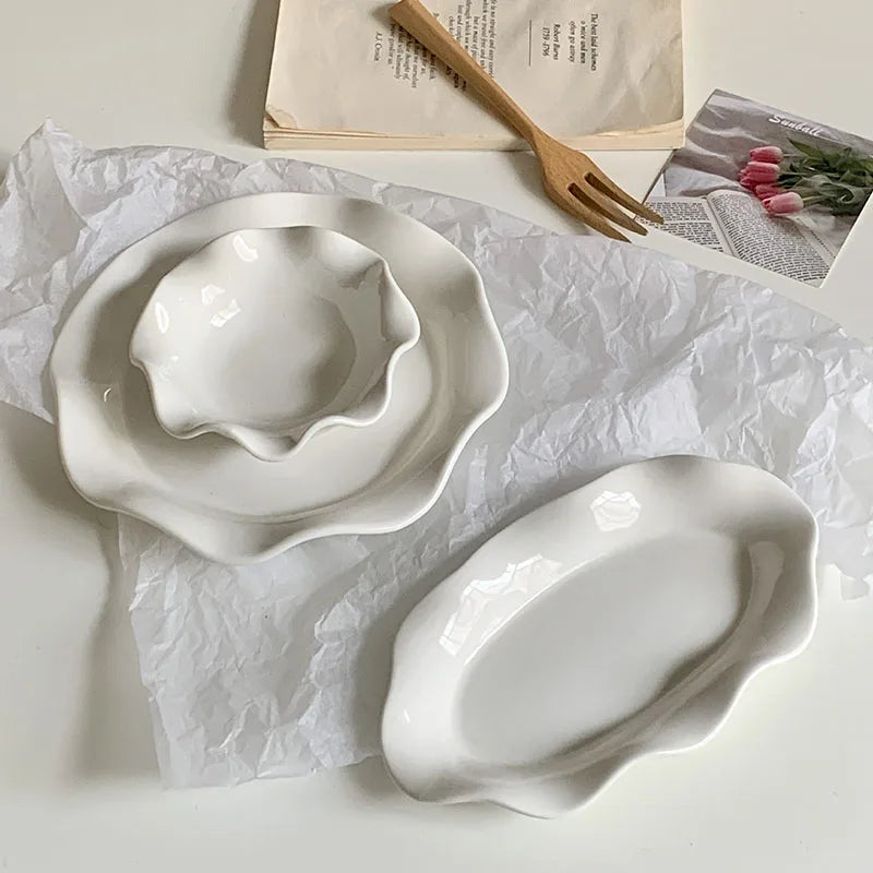 Pure White Wavy Edge Ceramic Plate Creative Simple Oval Plate Dessert Bowl