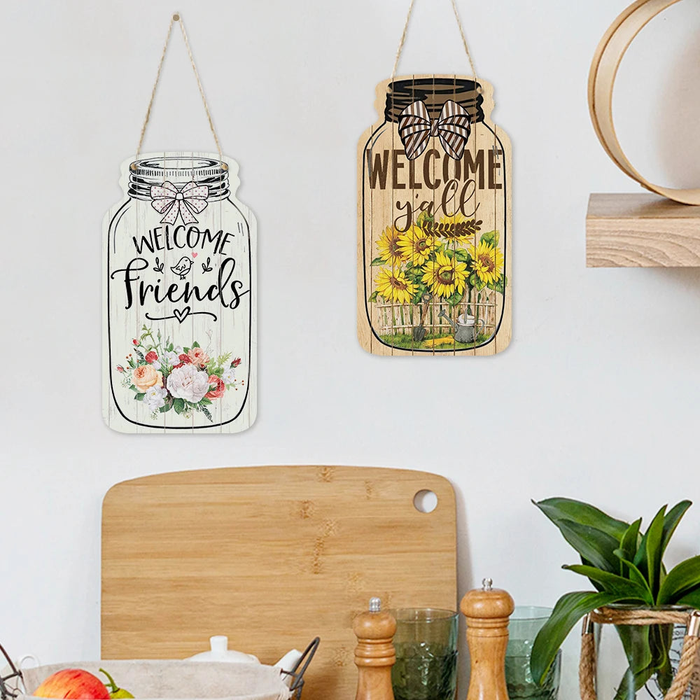 Mason Jar Shape Wooden Sign Summer Welcome Wood Hanging Plaque Wall Sign Home Farm Decor