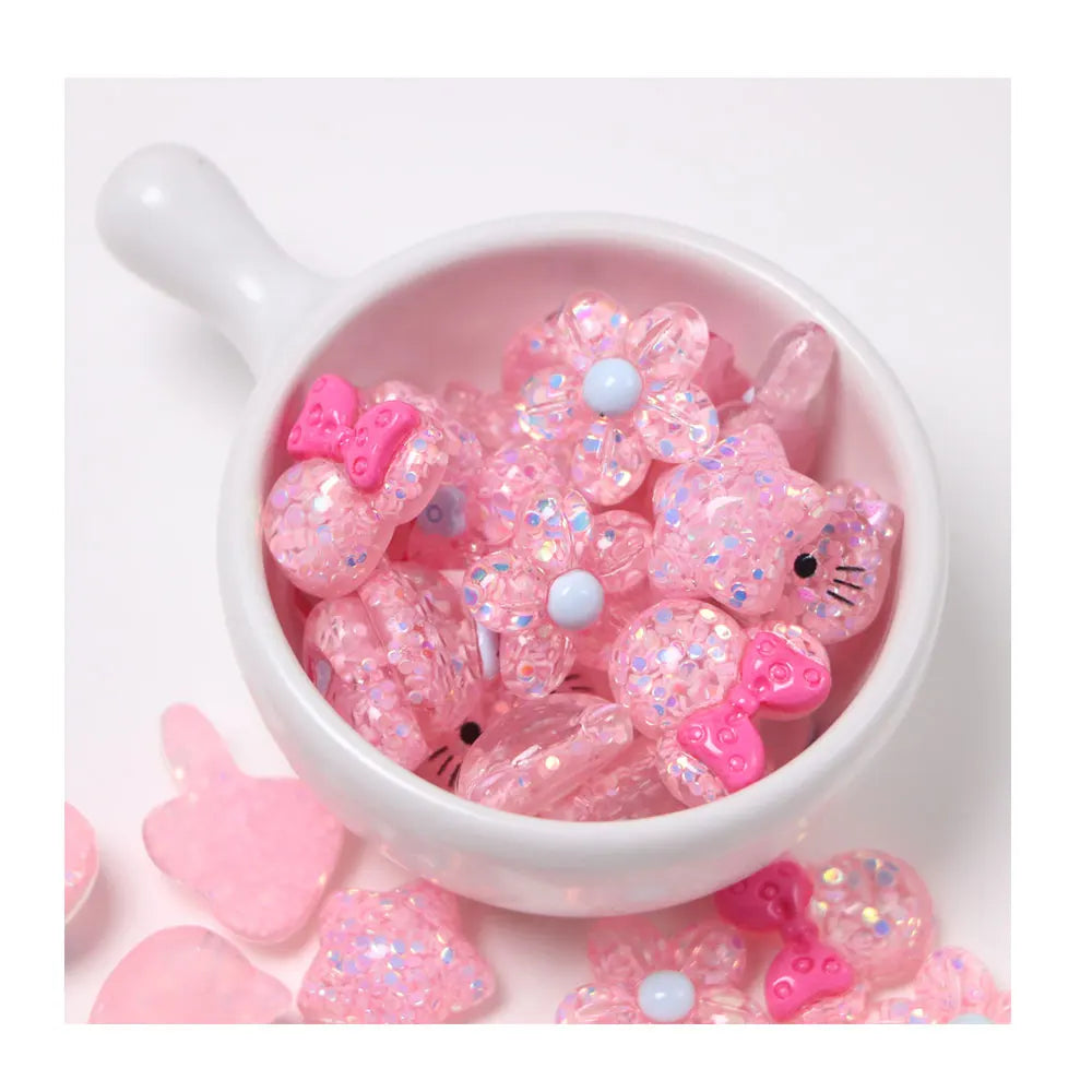 Cute 100pcs Pink Glitter Multi Style Rabbit Bear Star Mouse Resin Decoration Crafts Flatback Cabochon Embellishments