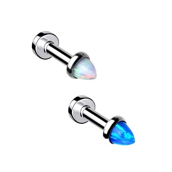 G23 Titanium Internally Threaded Spike Opal Flat Back Labret Stud Tragus Helix Lip Rings Earring