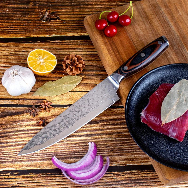 Professional 2-Piece 3Cr13 Stainless Steel Hammered Pattern Kitchen Knife Set Pakka Wood Handles Ambidextrous Design Includes