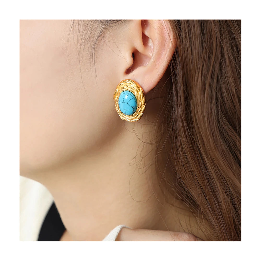 Vintage Disc Turquoise Stud Earrings Titanium Steel 18K Gold Non-Fading Waterproof Earrings Wholesale