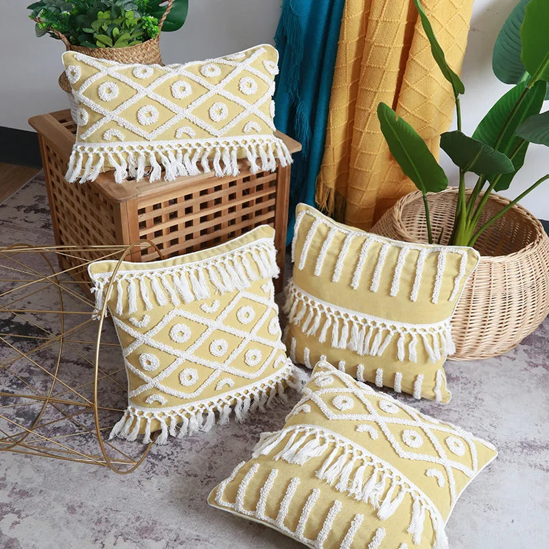 Innermor Luxury Handmade Square Cushion Cover Embroidered Beige Silk Cotton Tassel Tufted Decorative Beige Square Cushion Cover