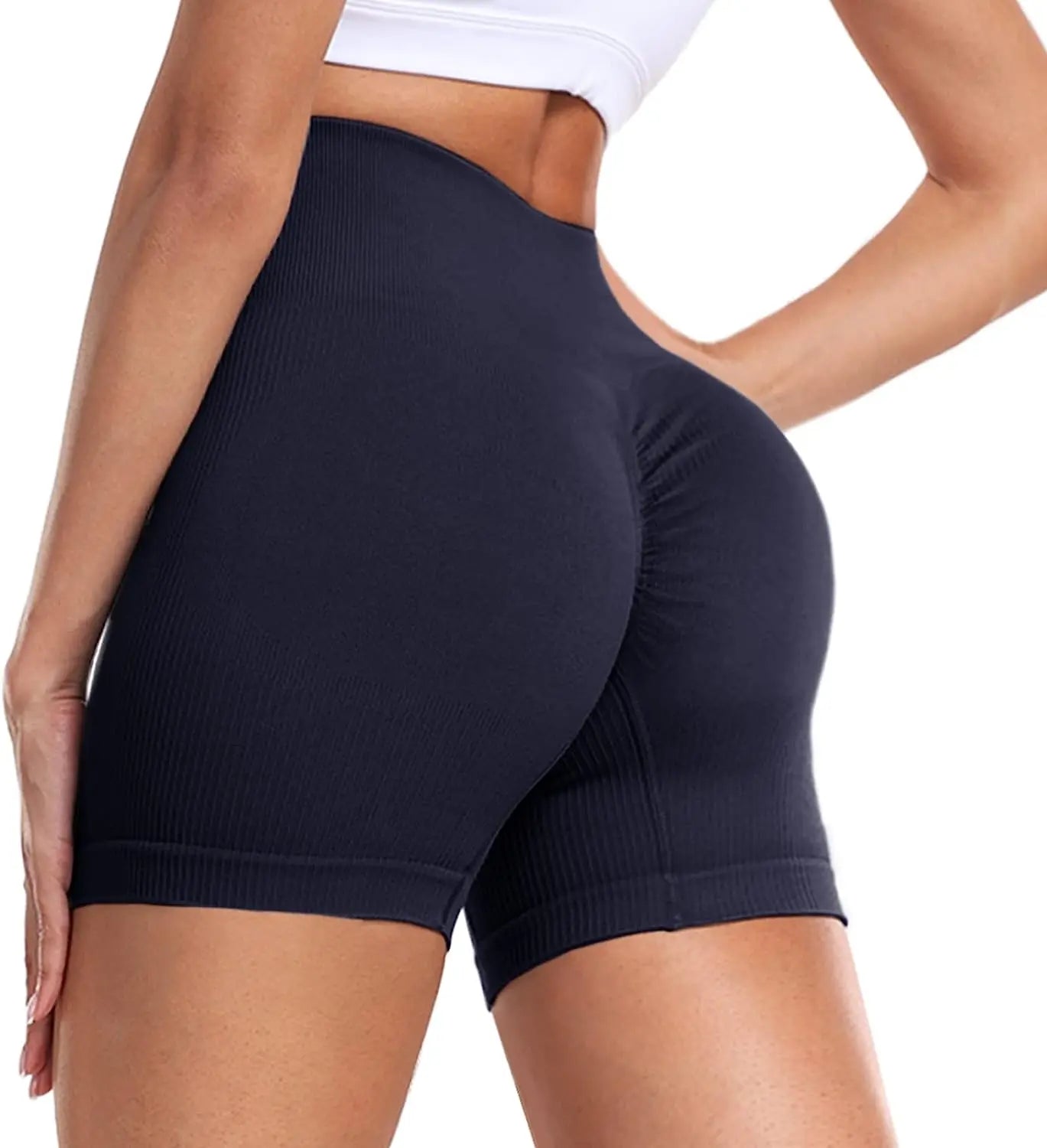 Women's High Waist Gym Fitness Seamless Scrunch Shorts Solid Pattern Ribbed Biker Yoga Workout Sports Quick Dry Leggings