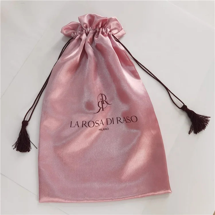 Chuanghua Wholesale Customize Luxury Rose Gold Pink Silk Satin Drawstring Pouch Matt Satin Gift Packaging Pouch Tassel Bag