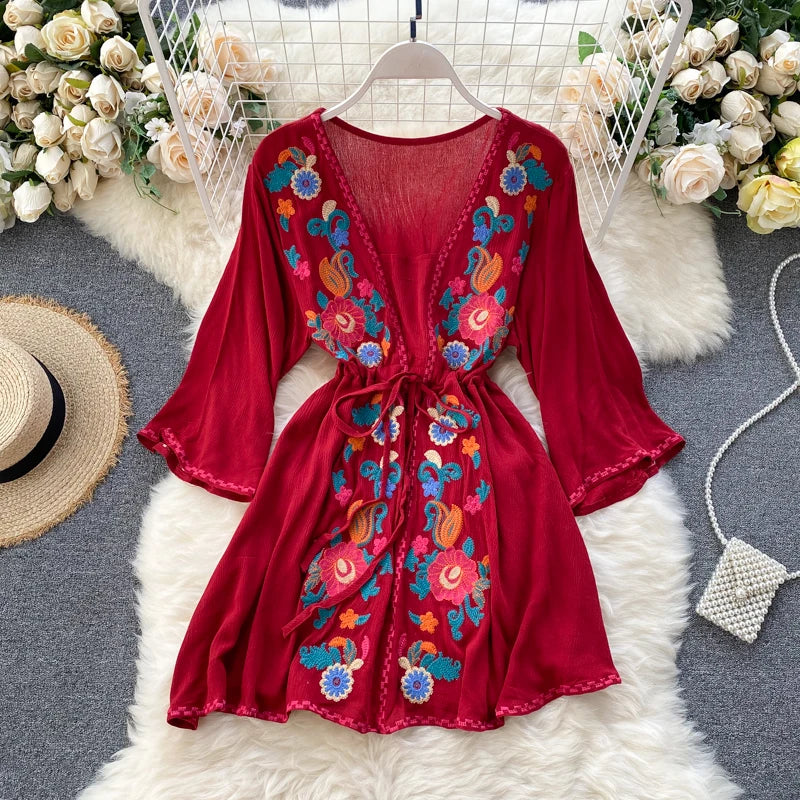 Bohemian Retro Ethnic Heavy Industry Embroidery Flower Long-sleeved Small Dress Female 2026 New Short Skirt