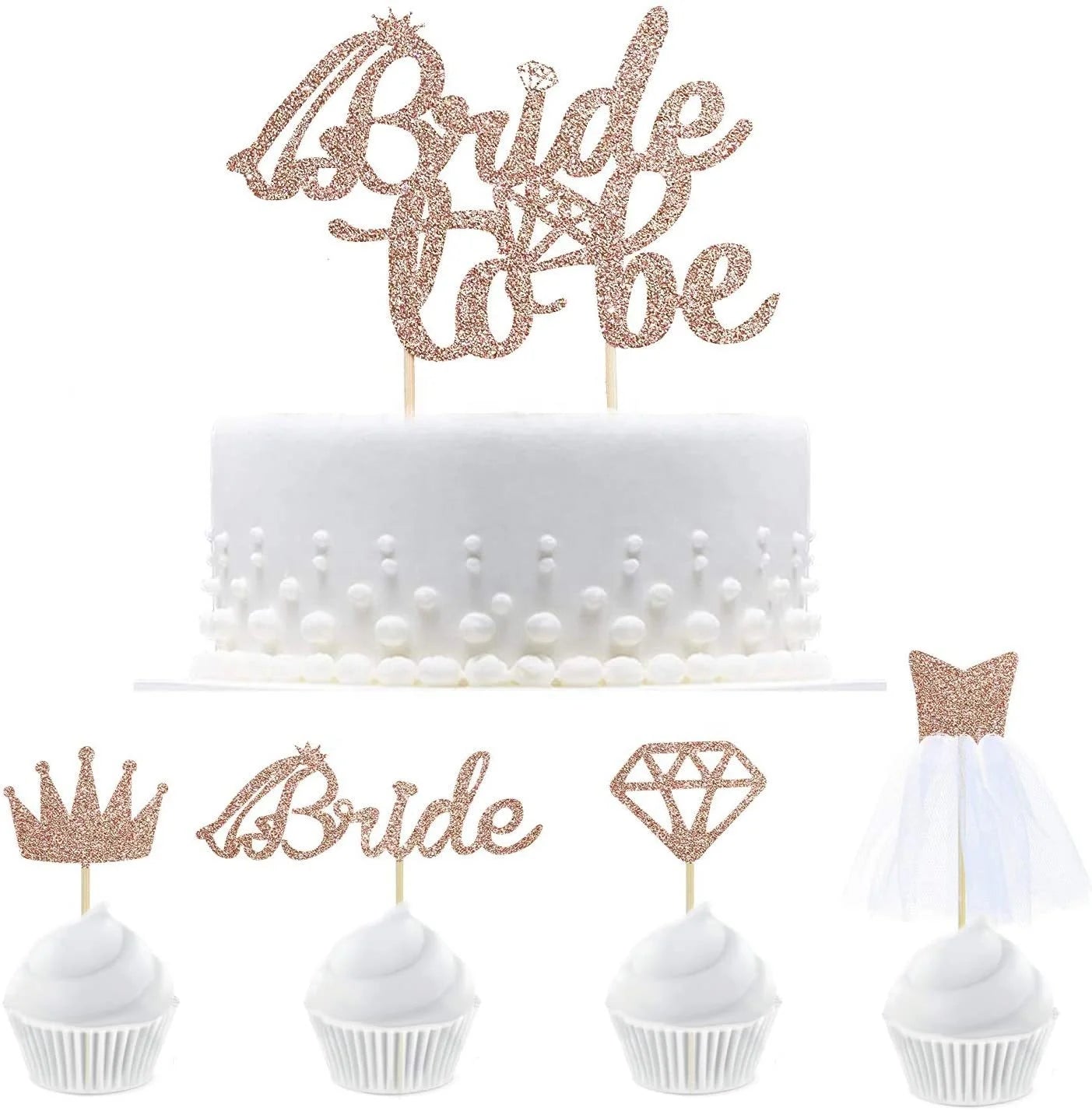 4pcs Rose Gold Glitter Bride to Be Cupcake Toppers Diamond Crown Bride Dress Cupcake Toppers Bachelorette Party Decoration
