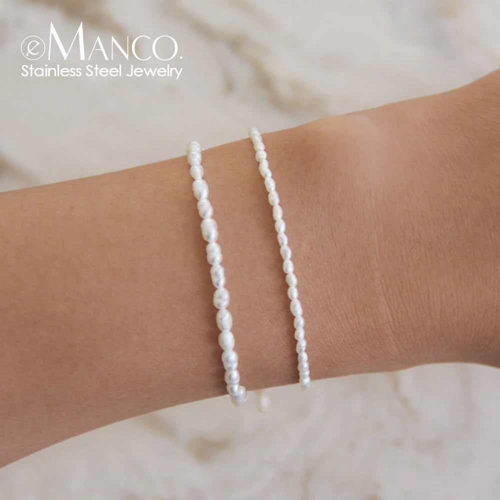 EManco Imitation Pearl Bracelet 3MM Oval Pearl Stainless Steel Bracelet Women's Holiday Gift