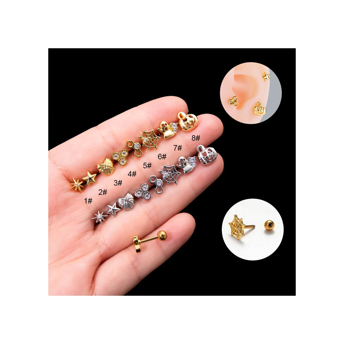 ERESI Body Piercing Jewelry Wholesale Gold Silver Plated Star Heart Spider Shape Stud Stainless Steel Helix Cartilage Earring