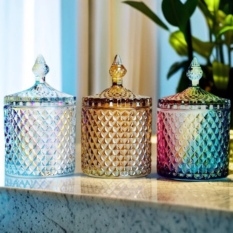Wholesale Diamond Faceted Crystal Glass Candy Jar Colorful Iridescent Decorative Geo Cut Candle Jars Glass for Candle Making