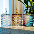 Wholesale Diamond Faceted Crystal Glass Candy Jar Colorful Iridescent Decorative Geo Cut Candle Jars Glass for Candle Making