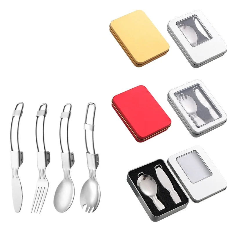Portable Folding Knife Spoon and Fork Cutlery 304 Stainless Steel Set Metal Box Suitable for Outdoor Travel