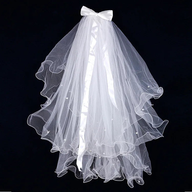 Wholesale Double Layers Pure White Bridal Veil With Pearls Wedding Veil With Comb