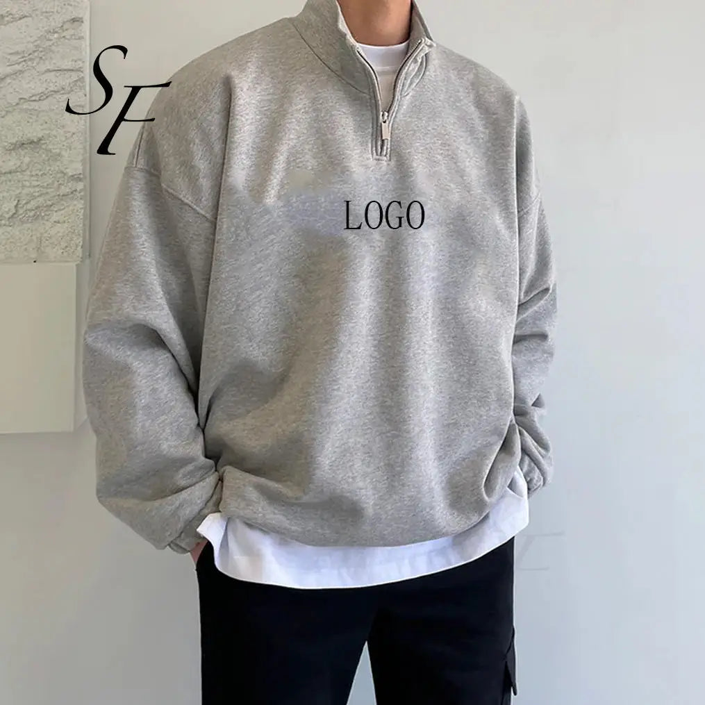 Custom Fashion Casual Loose Fit Half Zip up Drawstring on the Side Turtleneck Sport Cotton Men's Sweater