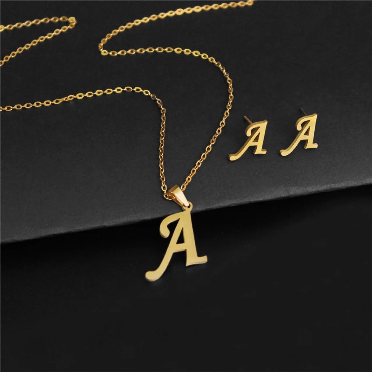 18 K Gold English Letters a to Z Stainless Steel Pendant Clavicle Chain Necklace Earring Set