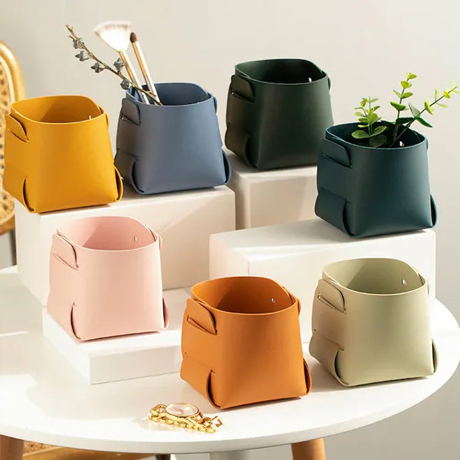 Leather Flower Pen Storage Boxes Basket With Handle Portable Folded Pink Black Perfume Cosmetic Container Holder for Gifts Pens