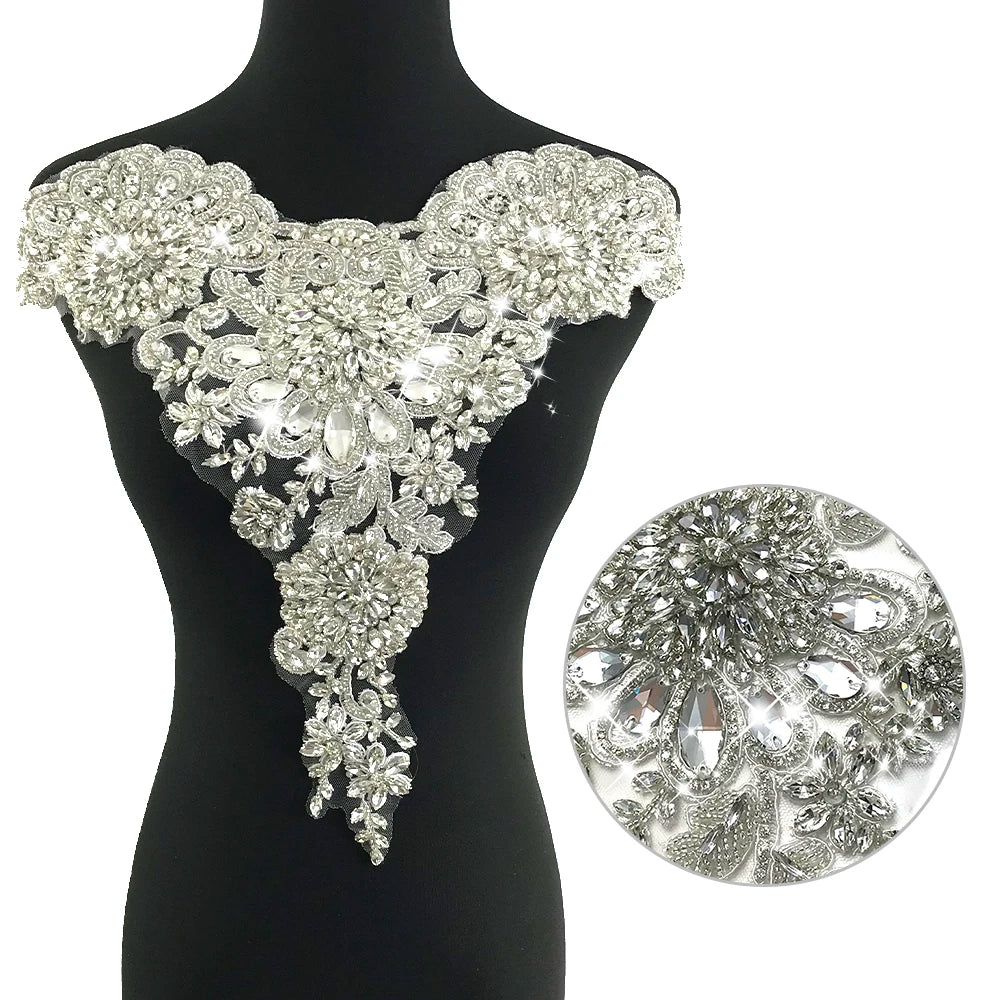 W008 Hot Sale Beaded Patch Applique Wedding Tulle Luxury Lace White Dress Heavy Beaded for Wedding Dress