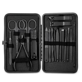18pcs Custom Logo Black Nail Clipper Set Stainless Steel Manicure Nail Scissors Pedicure Kit Trimmer Tool With Travel Case Kit