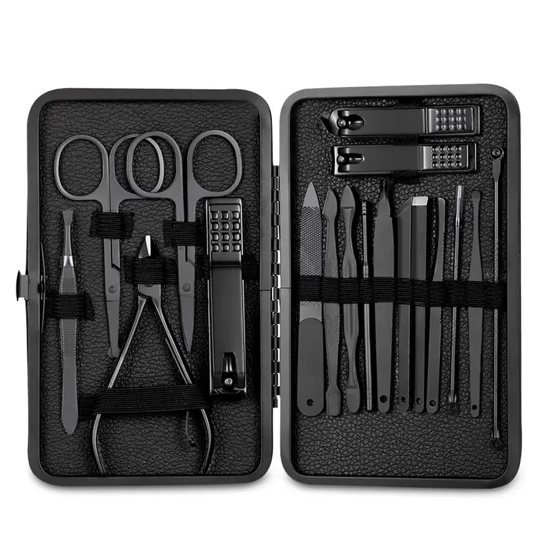 18pcs Custom Logo Black Nail Clipper Set Stainless Steel Manicure Nail Scissors Pedicure Kit Trimmer Tool With Travel Case Kit