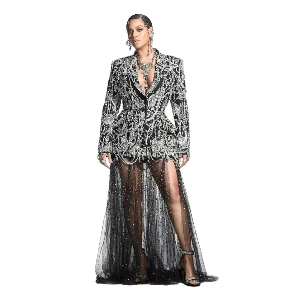 Luxury Stage Show Outfit Black Diamond Applique Suit Mesh Split Joint 2022 Party Dress Designed Sexy Singers Party Dress Sexy