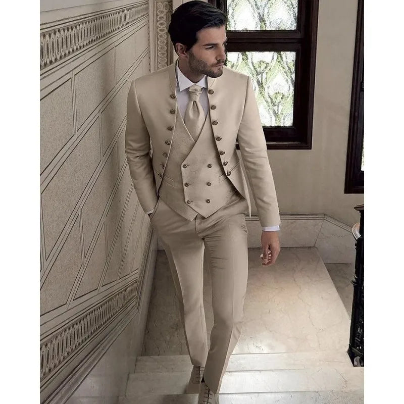 Standard Collar Handsome Men Suits Design 3 Pieces (Jacket+Vest+Pant) Formal Blazer Slim Fit Man Tuxedos Wedding Groom Men Suit