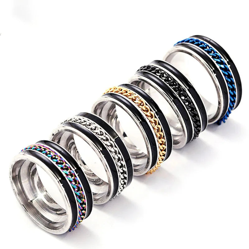 2025 Hot Sale New Fashion Stainless Steel Jewelry Ring Dripping Oil Chain Spinning Ring Anxiety Men