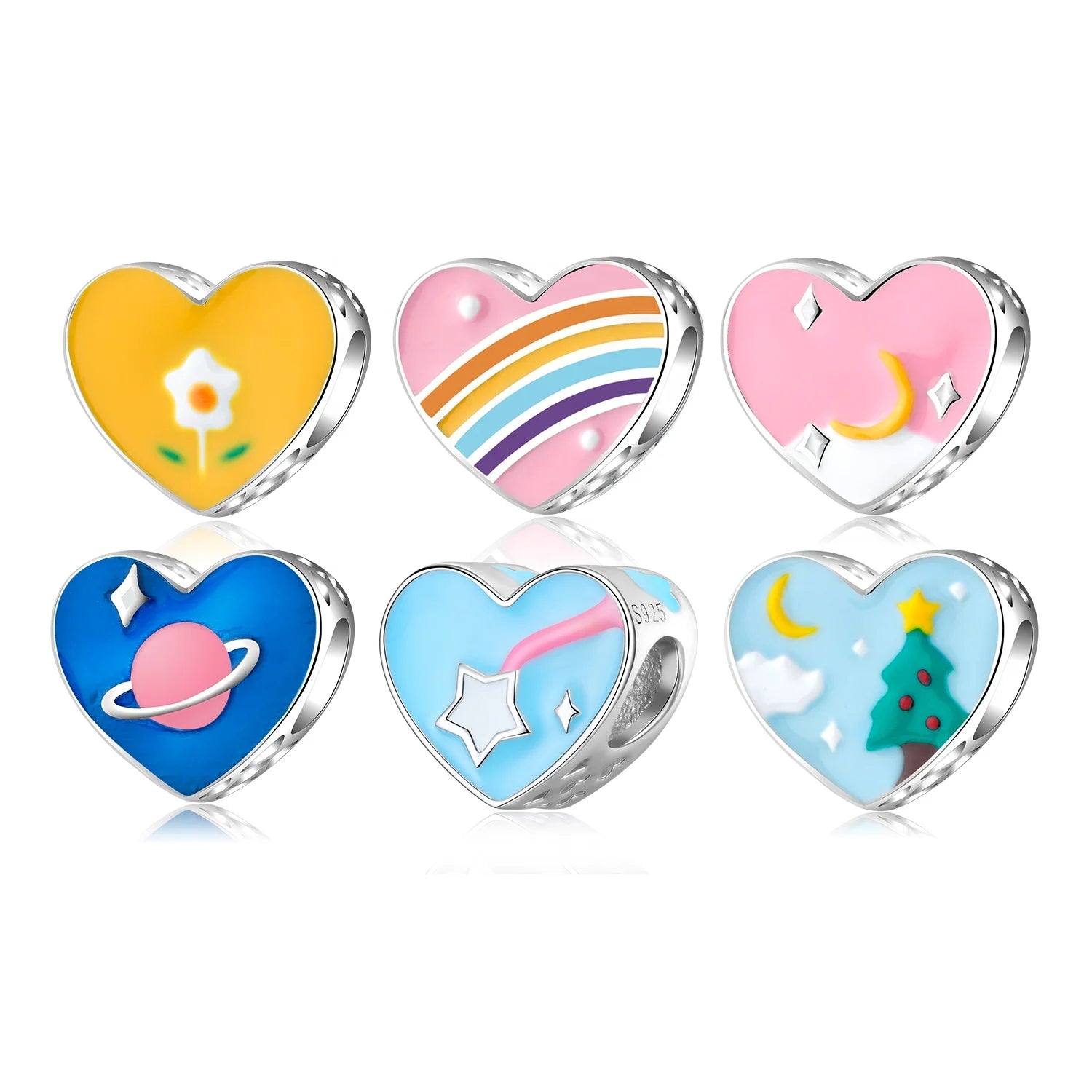 Blue Universe and Planet Authentic 925 Sterling Silver Fine Enamel Heart Charms for Women Fashion Bracelet Necklace DIY Jewelry