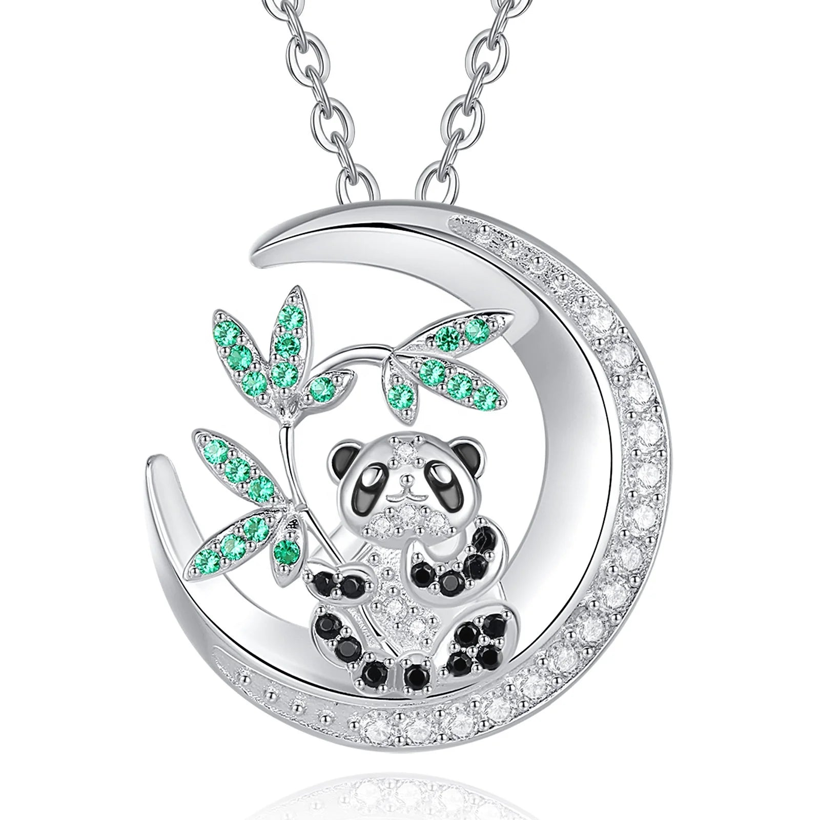 Fine Jewelry 925 Sterling Silver Rhodium Plated Cute Animal Panda Pendant Necklace with Cubic Zirconia