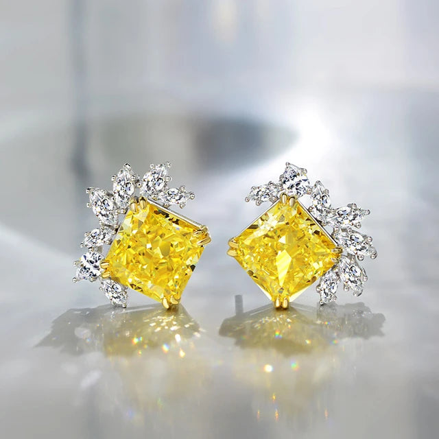 925 Sterling Silver Square Flower Earrings Yellow High Carbon Diamond Studs Earring for Women