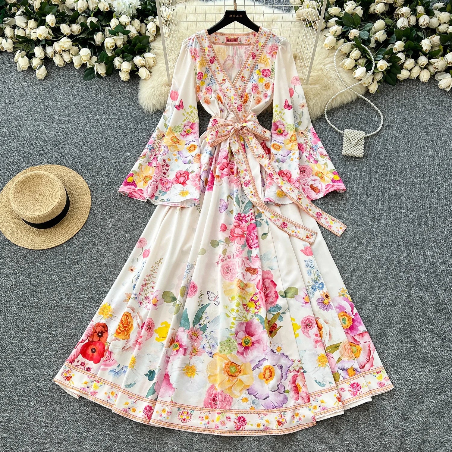 Royal Style Senior Cross V-neck With Flared Sleeves Printed Long Dress