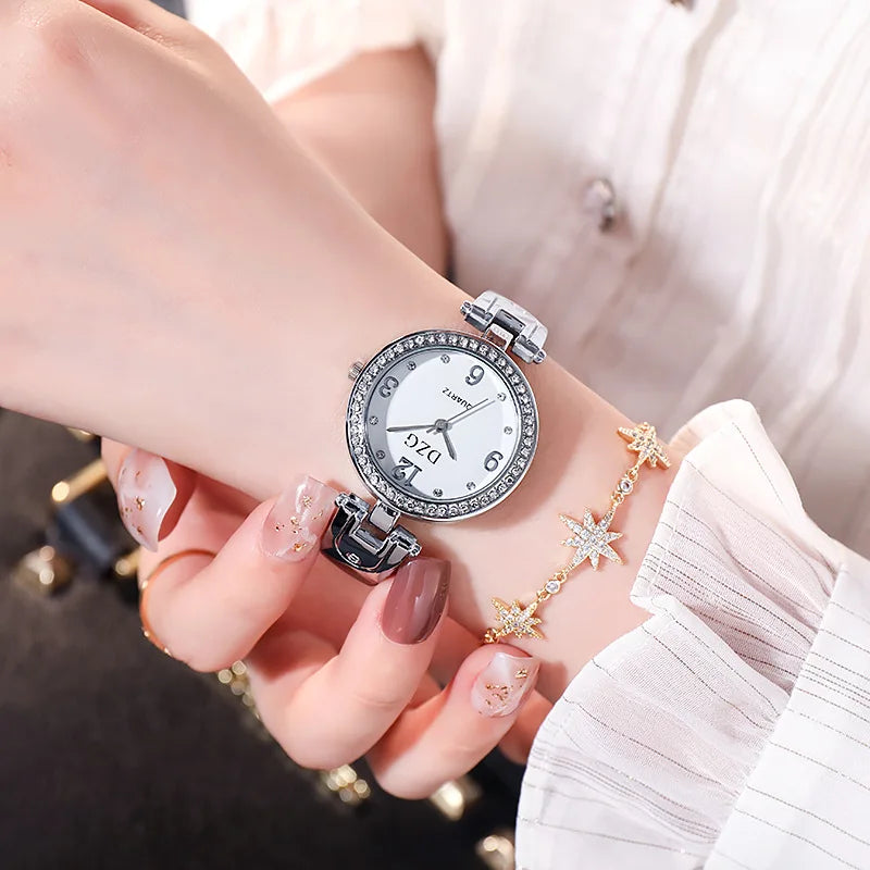 Slim Strap Sport Fashion Custom Alloy Band Unisex Crystal Dial Metal Bangle Diamond Bracelet Watch Antique Business Luxury