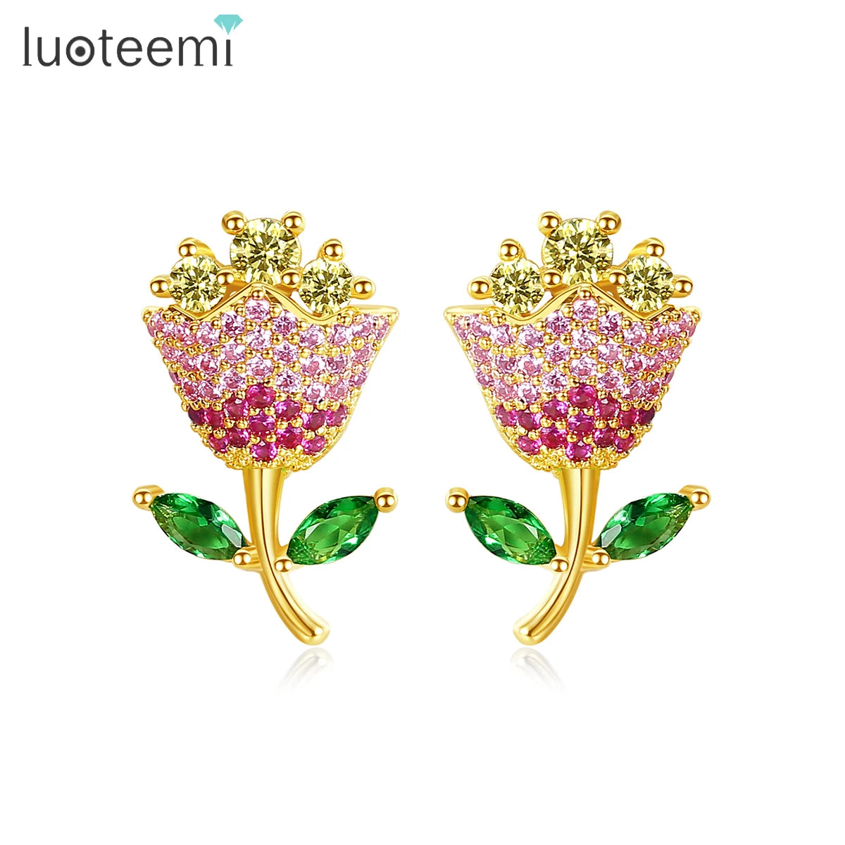 LUOTEEMI Flower Stud Earrings Women Cubic Zirconia Jewelry Earrings Flower Ear Rings