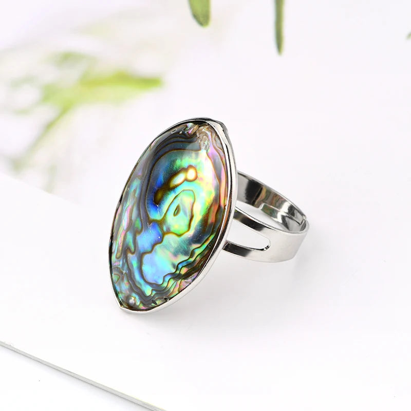 High Quality Nice Flash Trendy Gemstone Jewelry Abolone Shell Oval Adjustable Gem Stone Ring
