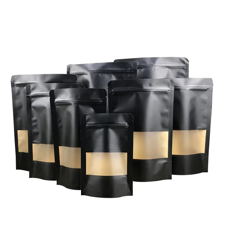 Custom Gravure Printing Wholesale Recyclable Black Kraft Paper Bag Doypack Stand up Pouch with Frosted Window for Food Pack