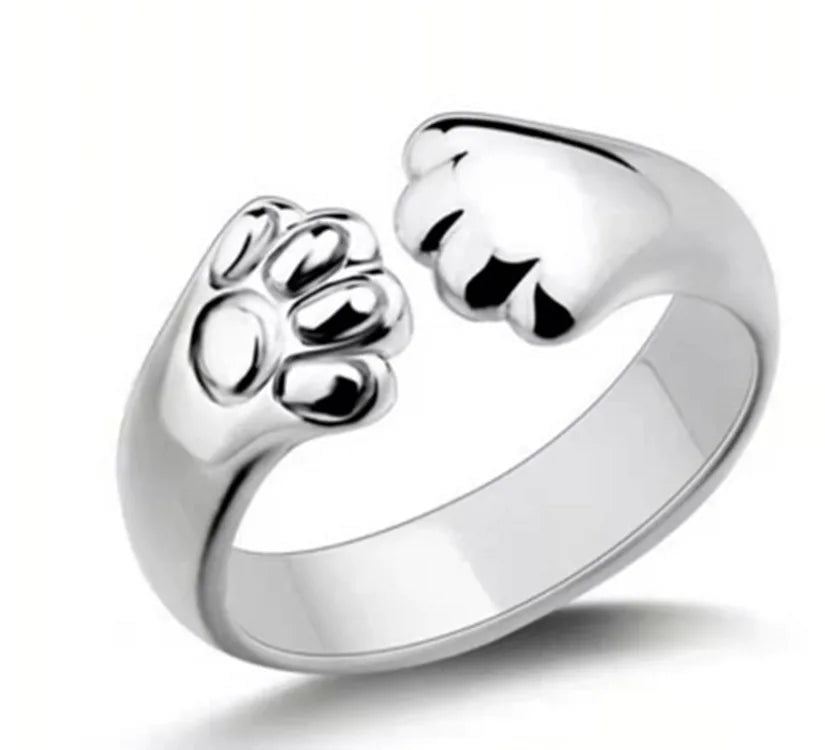 SC Silver Plated Korean Fashion Party Ring Adjustable Opening Finger Ring Jewelry Creative Dog Cat Footprints for Women Couples