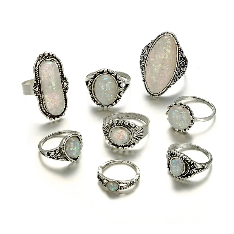 SC 8pcs Vintage Antique Silver Color Ring Sets Trend Colorful Opal Crystal Stone Geometric Rings for Women Men Bohemian Jewelry