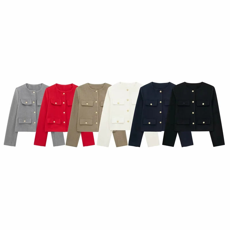 ZATRHMBM Women's Short Coat Long Sleeve Women's Vintage Solid Color Button O Collar Jacket 2024 New Casual Loose Outerwear