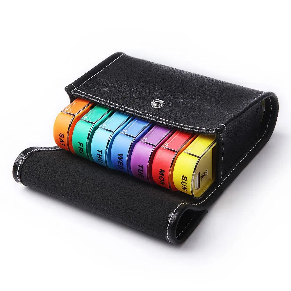 NB-Bluesky Custom Logo Travel Pill Organizer 28 Compartments 7 Day Weekly Medication Wallet AM PM Night Pu Leather Bag Pill Box