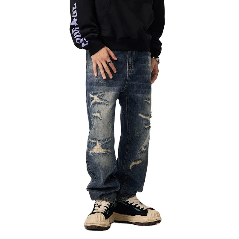 Men Vintage Blue Distress Ripped Hole Patch Sewing Pants Jeans Men Whisker Faded Y2K Stone Washed Jeans Men Baggy Sweat Jeans