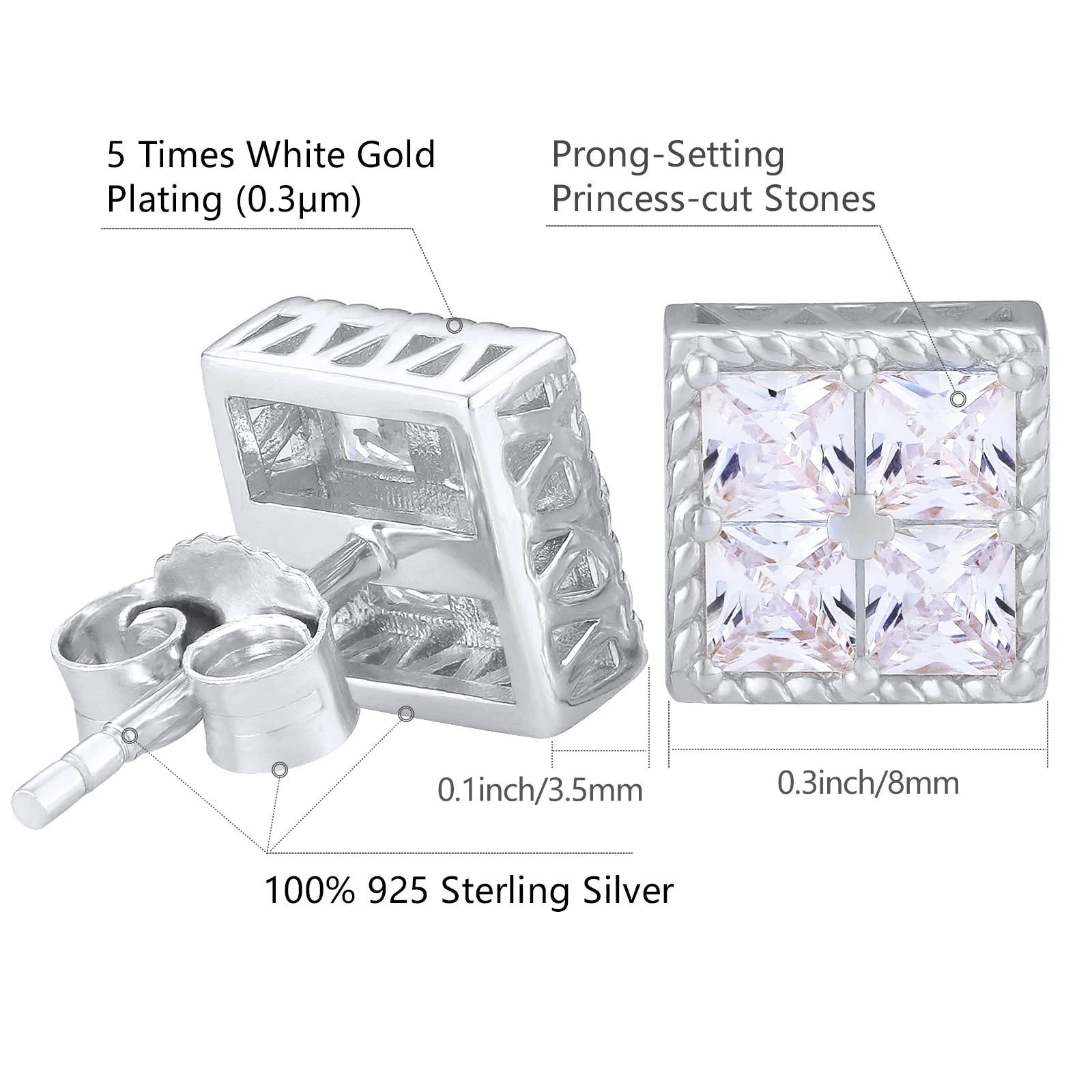 KRKC Drop Shipping Hip Hop Iced Bling Jewellery Stud Earring Gold Plated Crystal Square Cubic Zirconia S925 Silver Mens Earrings