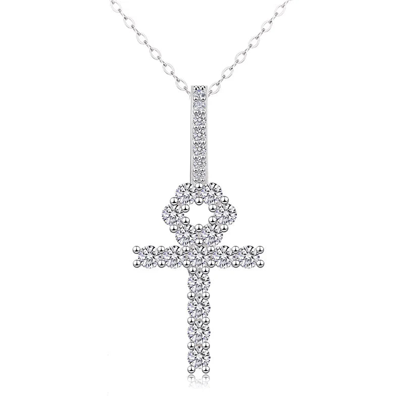 Full Diamond Retro Hip Hop 18K Gold Plated Moissanite 925 Sterling Silver Ankh Cross Pendant Necklace Women's Christian
