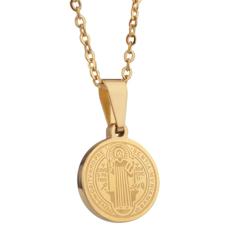 Stainless Steel 13mm Saint Benedict Medal Necklace Catholic Men Women Silver Gold Plated Jewelry